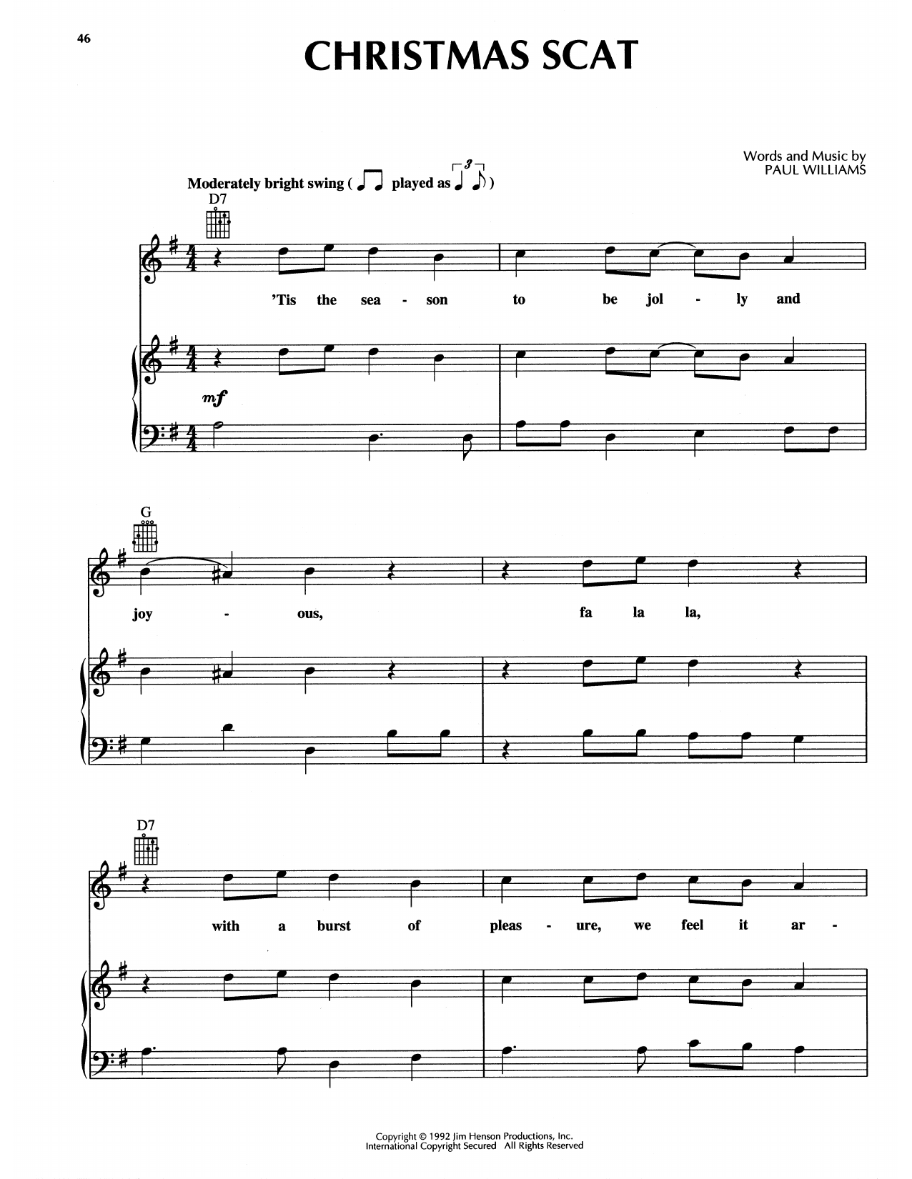Download Paul Williams Christmas Scat (from The Muppet Christmas Carol) Sheet Music and learn how to play Piano, Vocal & Guitar Chords (Right-Hand Melody) PDF digital score in minutes