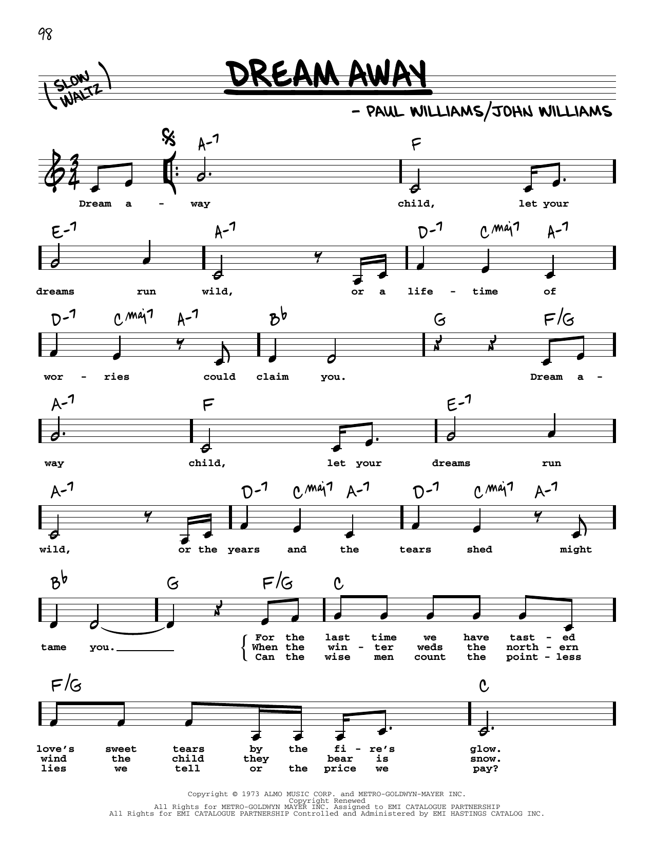 Download Paul Williams Dream Away (Low Voice) Sheet Music and learn how to play Real Book – Melody, Lyrics & Chords PDF digital score in minutes