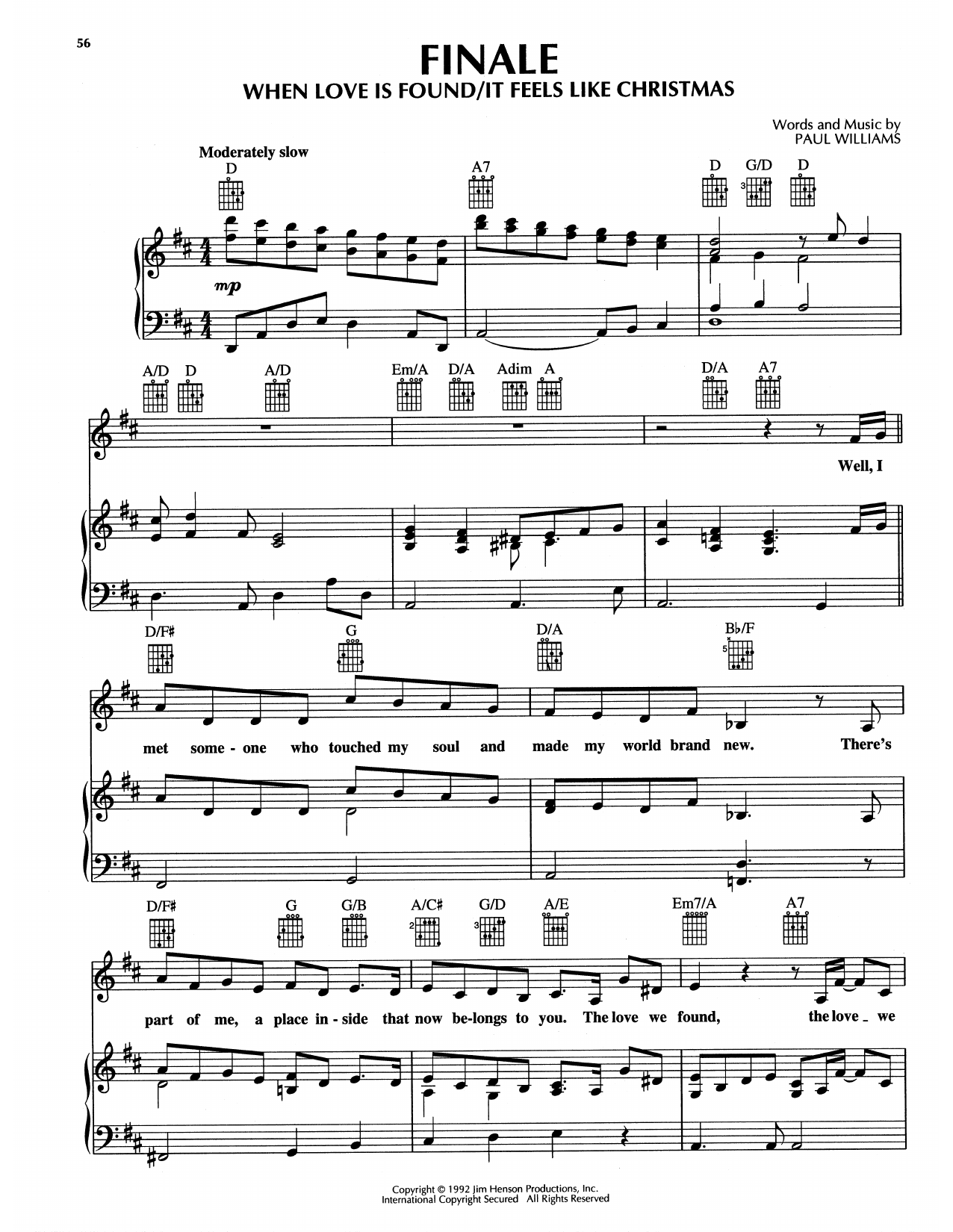 Download Paul Williams Finale - When Love Is Found/It Feels Like Christmas (from The Muppet Christmas C Sheet Music and learn how to play Piano, Vocal & Guitar Chords (Right-Hand Melody) PDF digital score in minutes