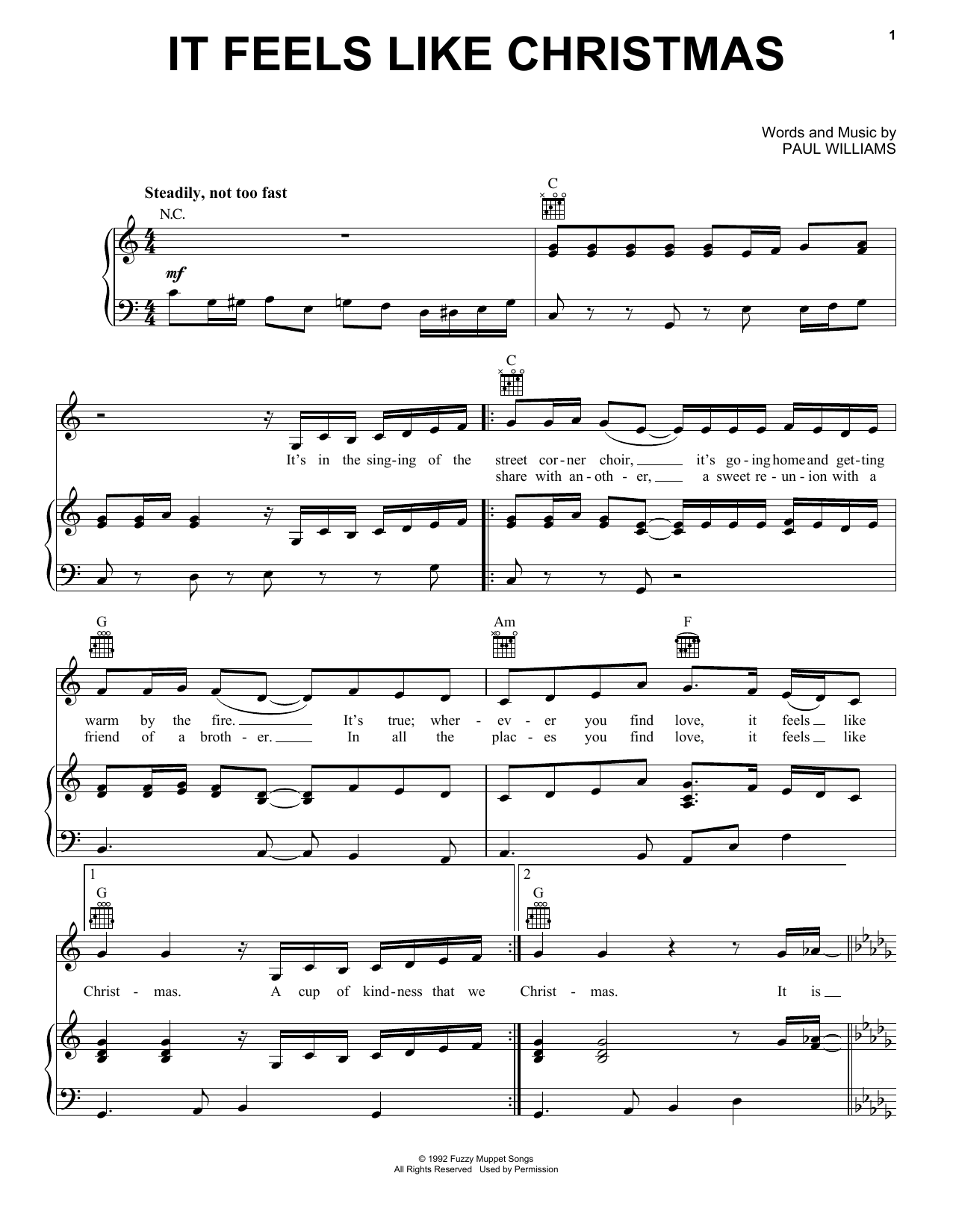 Download Paul Williams It Feels Like Christmas Sheet Music and learn how to play Piano, Vocal & Guitar (Right-Hand Melody) PDF digital score in minutes