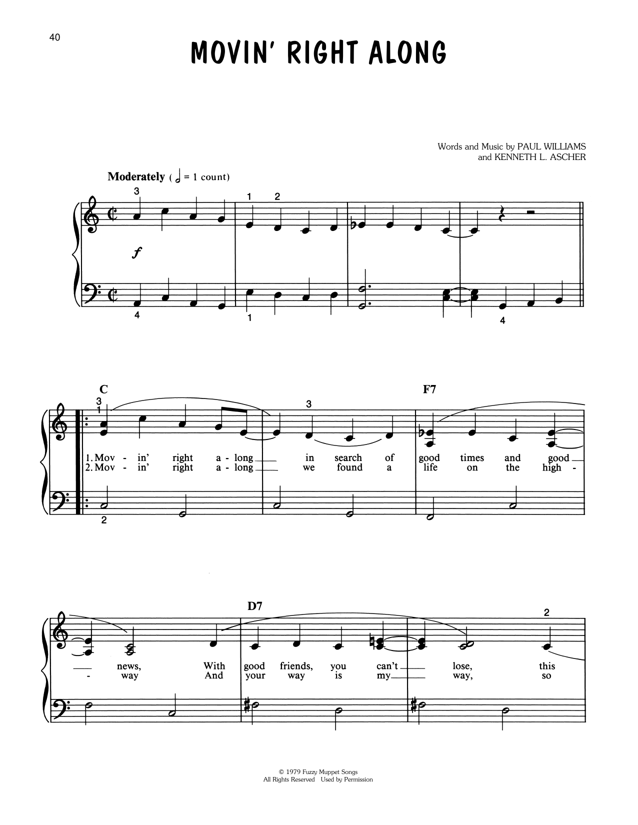 Download Paul Williams Movin' Right Along (from The Muppet Movie) Sheet Music and learn how to play Piano, Vocal & Guitar Chords (Right-Hand Melody) PDF digital score in minutes