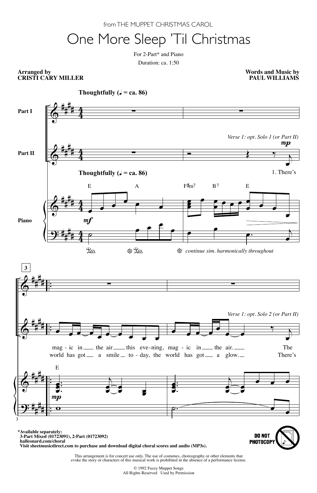 Download Paul Williams One More Sleep 'Til Christmas (from The Muppet Christmas Carol) (arr. Cristy Car Sheet Music and learn how to play 2-Part Choir PDF digital score in minutes