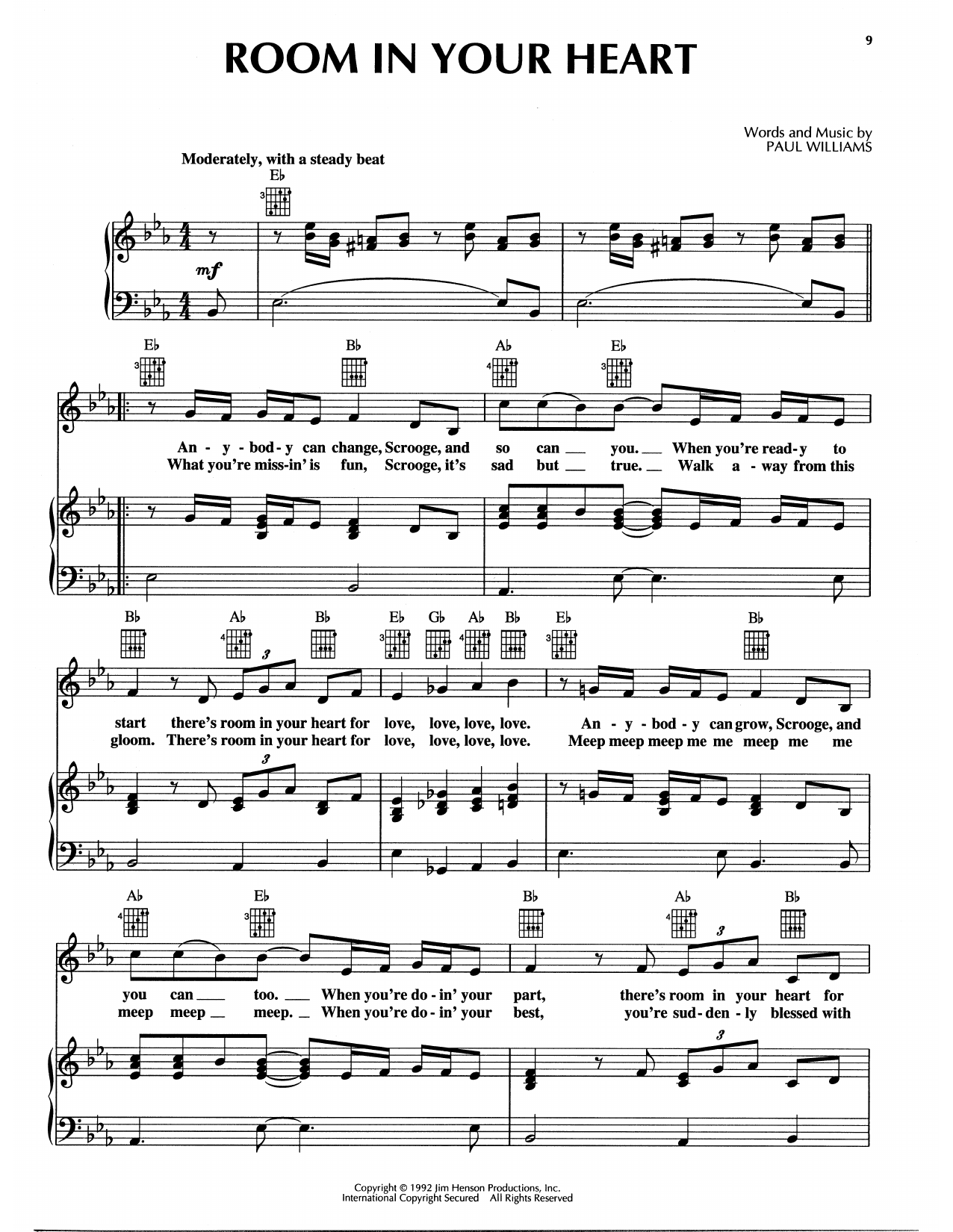 Download Paul Williams Room In Your Heart (from The Muppet Christmas Carol) Sheet Music and learn how to play Piano, Vocal & Guitar Chords (Right-Hand Melody) PDF digital score in minutes