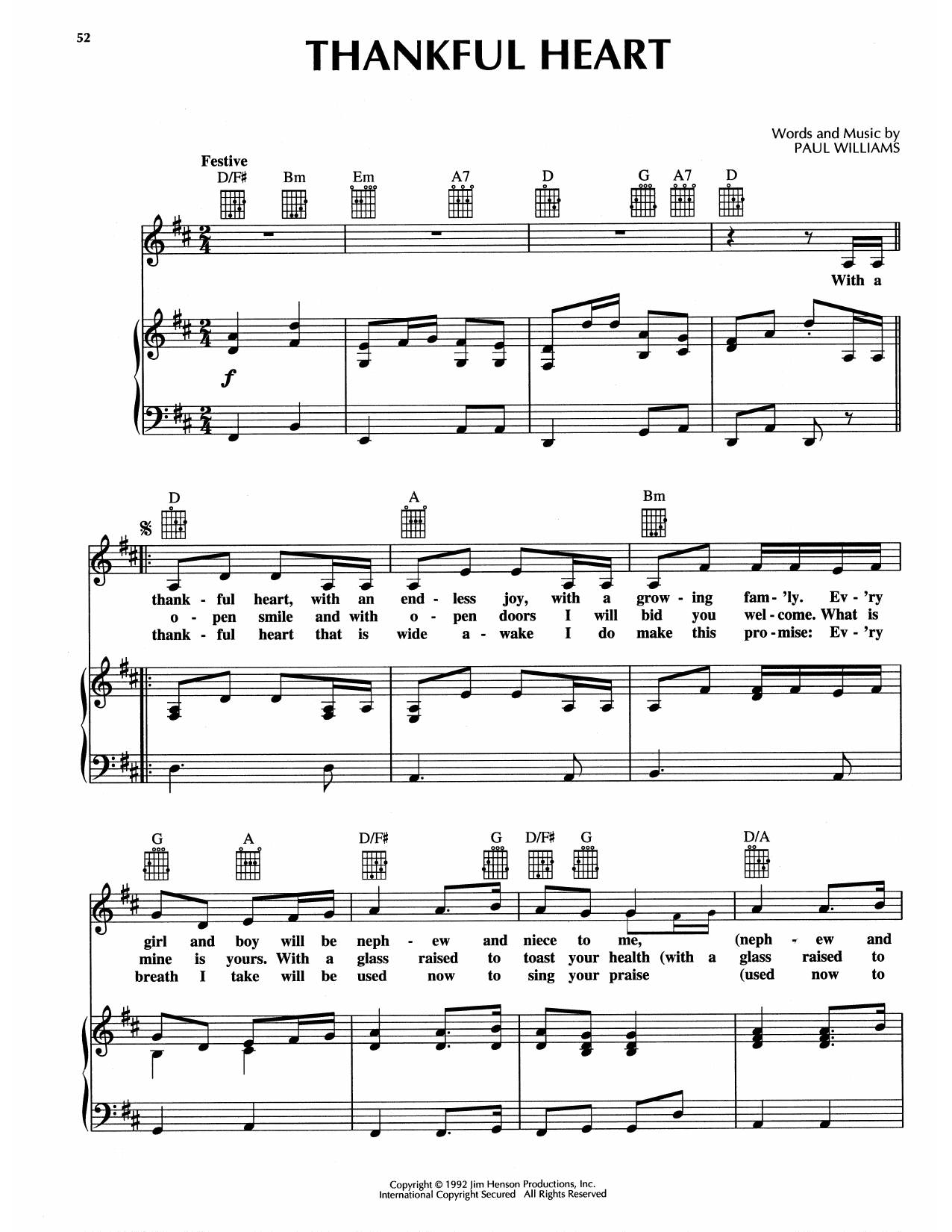 Download Paul Williams Thankful Heart (from The Muppet Christmas Carol) Sheet Music and learn how to play Piano, Vocal & Guitar Chords (Right-Hand Melody) PDF digital score in minutes