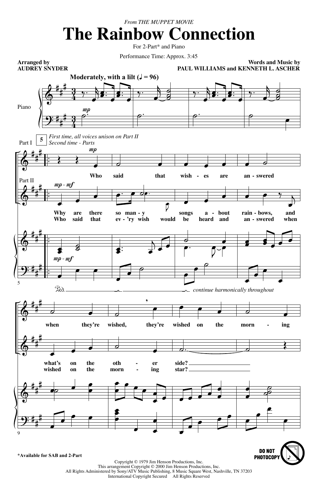 Download Paul Williams The Rainbow Connection (arr. Audrey Snyder) Sheet Music and learn how to play 2-Part Choir PDF digital score in minutes