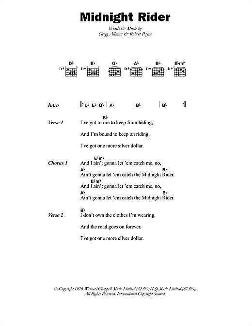 Download Paul Davidson Midnight Rider Sheet Music and learn how to play Lyrics & Chords PDF digital score in minutes