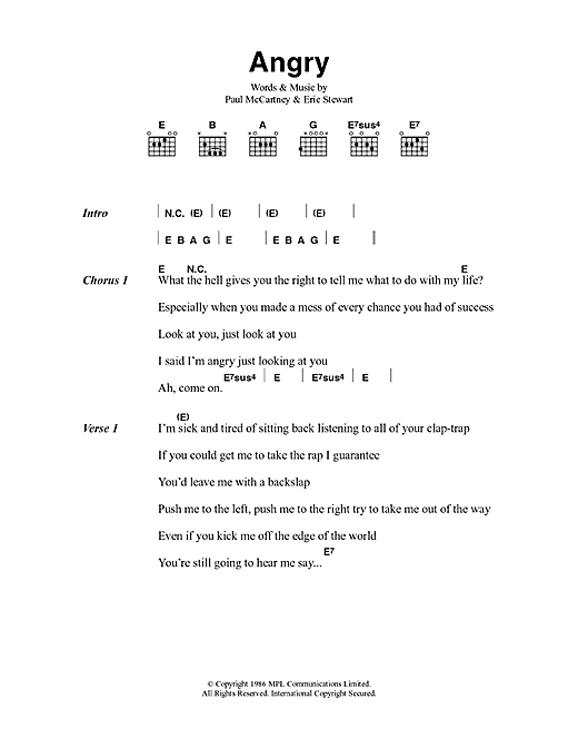 Download Paul McCartney Angry Sheet Music and learn how to play Lyrics & Chords PDF digital score in minutes