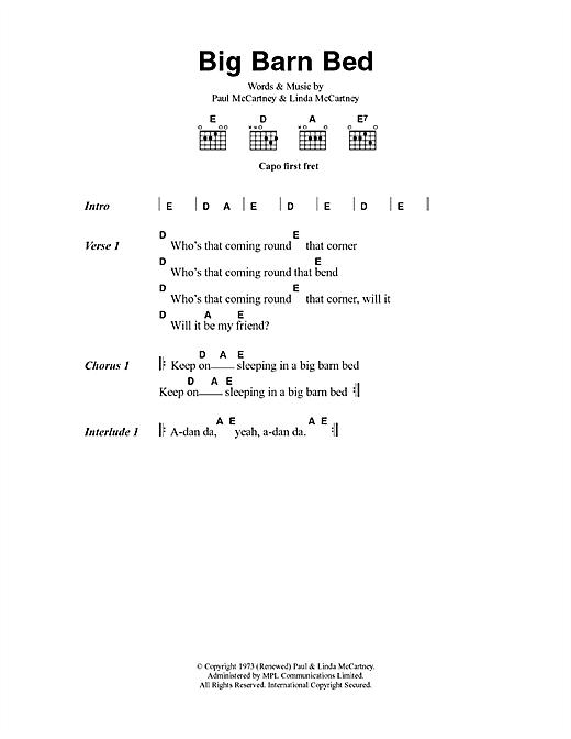 Download Paul McCartney Big Barn Bed Sheet Music and learn how to play Lyrics & Chords PDF digital score in minutes