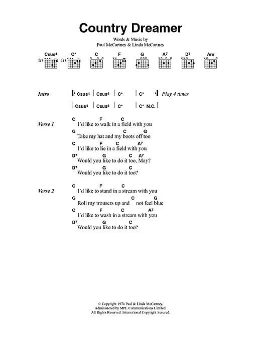 Download Paul McCartney Country Dreamer Sheet Music and learn how to play Lyrics & Chords PDF digital score in minutes
