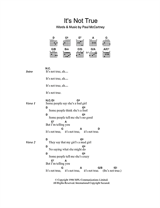 Download Paul McCartney It's Not True Sheet Music and learn how to play Lyrics & Chords PDF digital score in minutes