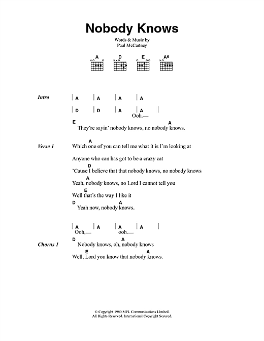 Download Paul McCartney Nobody Knows Sheet Music and learn how to play Lyrics & Chords PDF digital score in minutes
