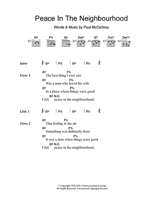 Download Paul McCartney Peace In The Neighbourhood Sheet Music and learn how to play Lyrics & Chords PDF digital score in minutes