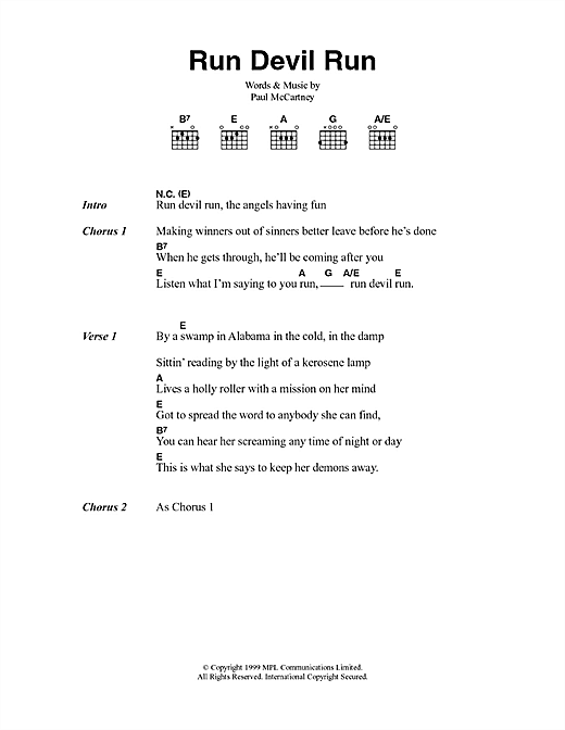 Download Paul McCartney Run Devil Run Sheet Music and learn how to play Lyrics & Chords PDF digital score in minutes