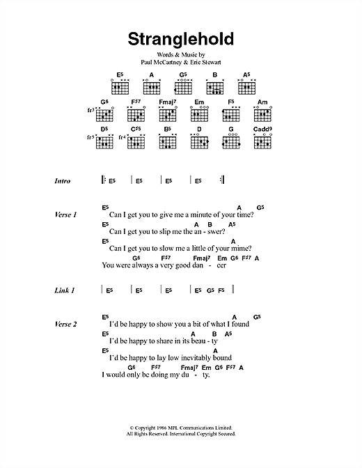Download Paul McCartney Stranglehold Sheet Music and learn how to play Lyrics & Chords PDF digital score in minutes