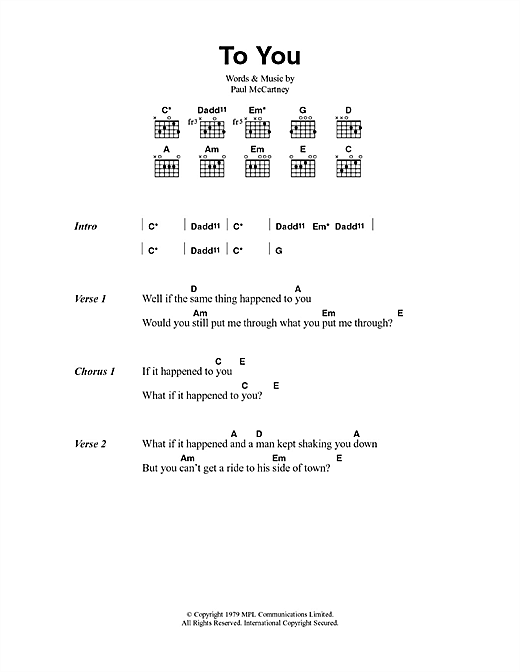 Download Paul McCartney To You Sheet Music and learn how to play Lyrics & Chords PDF digital score in minutes