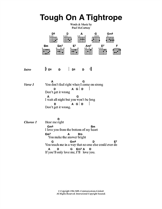 Download Paul McCartney Tough On A Tightrope Sheet Music and learn how to play Lyrics & Chords PDF digital score in minutes