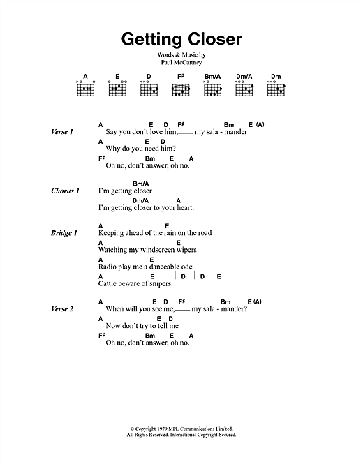 Download Paul McCartney & Wings Getting Closer Sheet Music and learn how to play Lyrics & Chords PDF digital score in minutes