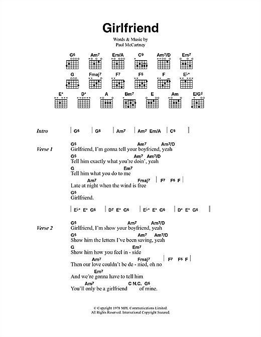 Download Paul McCartney & Wings Girlfriend Sheet Music and learn how to play Lyrics & Chords PDF digital score in minutes