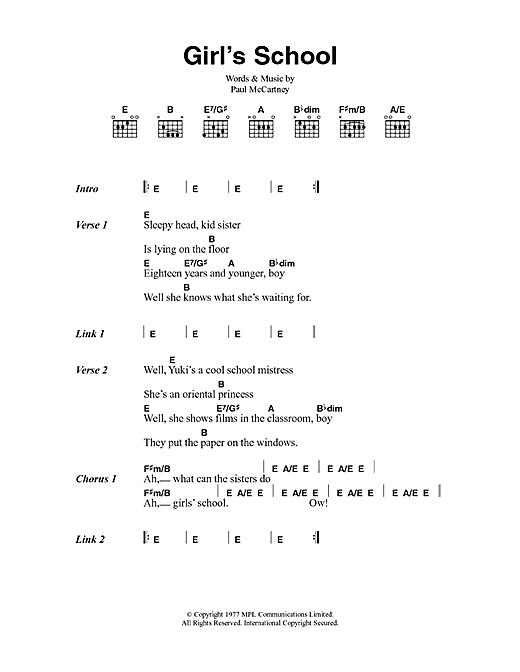 Download Paul McCartney & Wings Girls' School Sheet Music and learn how to play Lyrics & Chords PDF digital score in minutes