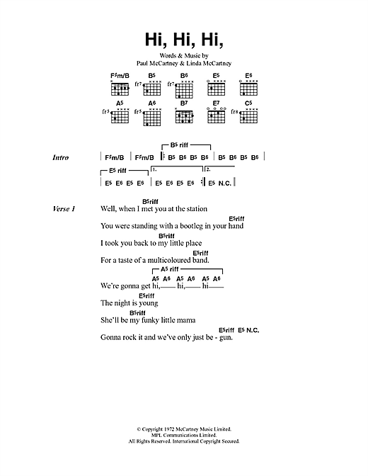 Download Paul McCartney & Wings Hi Hi Hi Sheet Music and learn how to play Lyrics & Chords PDF digital score in minutes