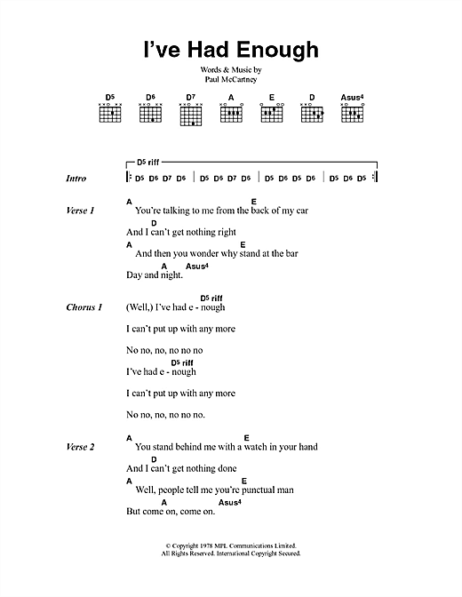 Download Paul McCartney & Wings I've Had Enough Sheet Music and learn how to play Lyrics & Chords PDF digital score in minutes
