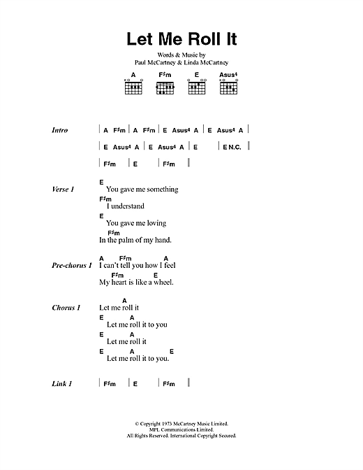 Download Paul McCartney & Wings Let Me Roll It Sheet Music and learn how to play Lyrics & Chords PDF digital score in minutes