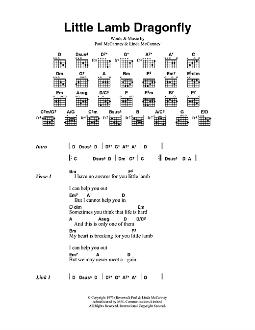 Download Paul McCartney & Wings Little Lamb Dragonfly Sheet Music and learn how to play Lyrics & Chords PDF digital score in minutes