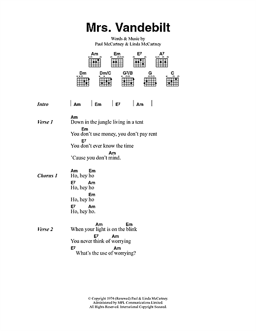 Download Paul McCartney & Wings Mrs. Vandebilt Sheet Music and learn how to play Lyrics & Chords PDF digital score in minutes