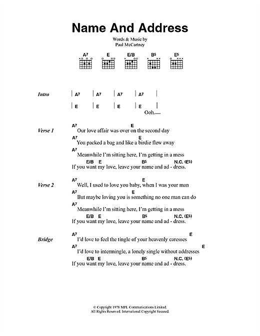 Download Paul McCartney & Wings Name And Address Sheet Music and learn how to play Lyrics & Chords PDF digital score in minutes