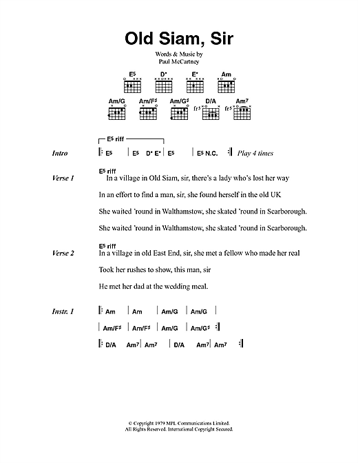 Download Paul McCartney & Wings Old Siam, Sir Sheet Music and learn how to play Lyrics & Chords PDF digital score in minutes