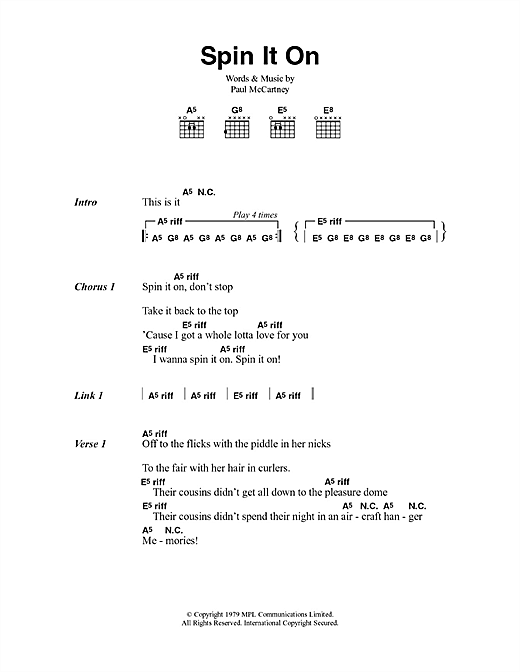 Download Paul McCartney & Wings Spin It On Sheet Music and learn how to play Lyrics & Chords PDF digital score in minutes