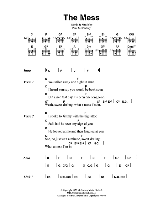 Download Paul McCartney & Wings The Mess Sheet Music and learn how to play Lyrics & Chords PDF digital score in minutes