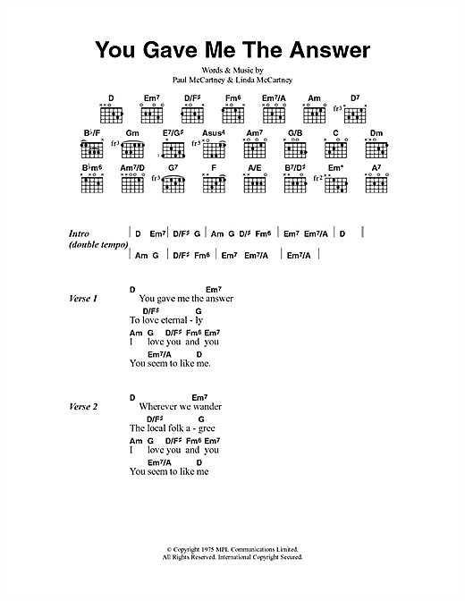 Download Paul McCartney & Wings You Gave Me The Answer Sheet Music and learn how to play Lyrics & Chords PDF digital score in minutes