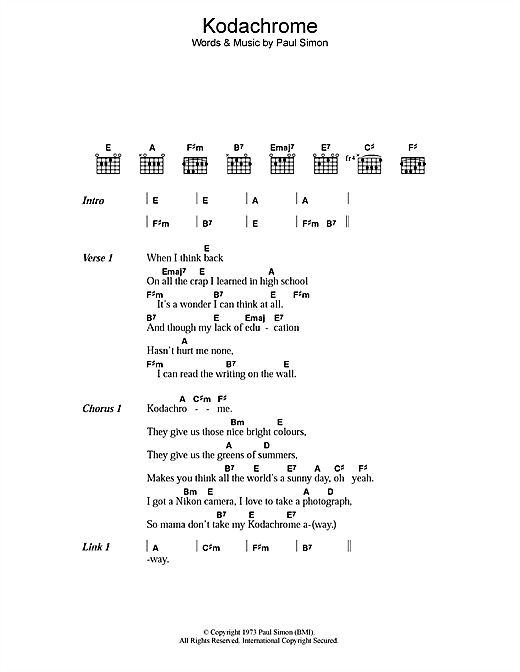 Download Paul Simon Kodachrome™ Sheet Music and learn how to play Lyrics & Chords PDF digital score in minutes