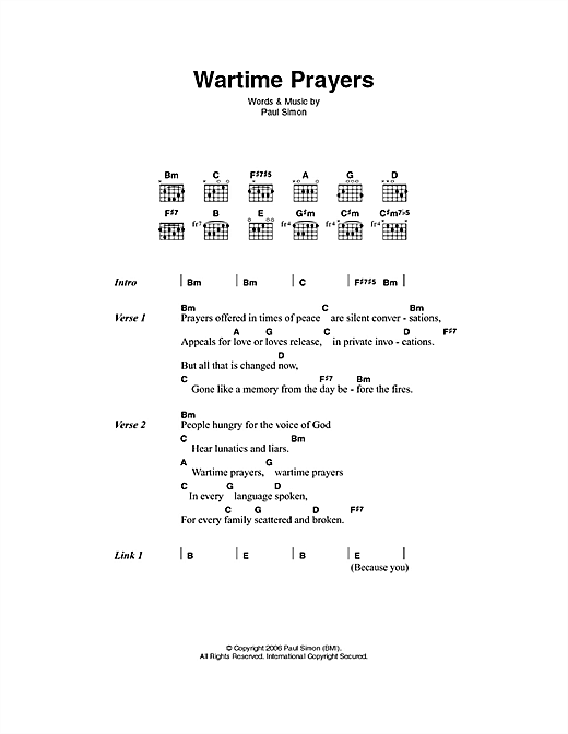 Download Paul Simon Wartime Prayers Sheet Music and learn how to play Lyrics & Chords PDF digital score in minutes