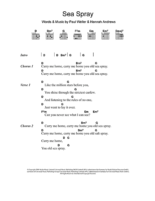 Download Paul Weller Sea Spray Sheet Music and learn how to play Lyrics & Chords PDF digital score in minutes