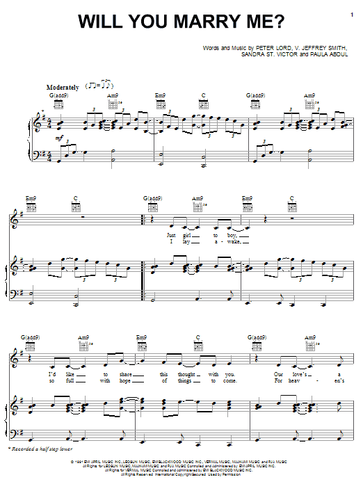 Download Paula Abdul Will You Marry Me? Sheet Music and learn how to play Piano, Vocal & Guitar (Right-Hand Melody) PDF digital score in minutes