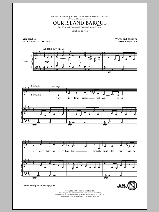Download Phil Coulter Our Island Barque (arr. Paula Foley Tillen) Sheet Music and learn how to play SSA PDF digital score in minutes