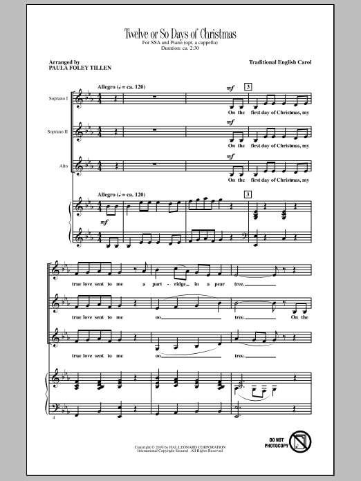 Download Paula Foley Tillen Twelve Or So Days Of Christmas Sheet Music and learn how to play SSA Choir PDF digital score in minutes