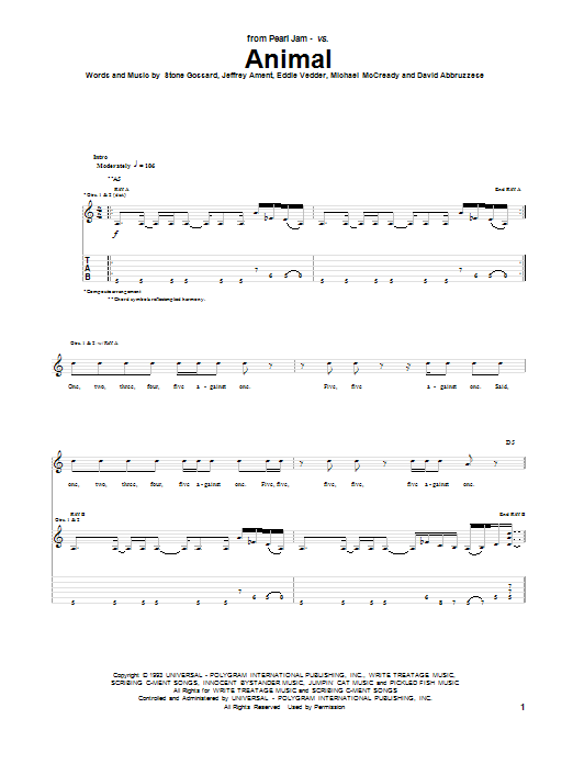 Download Pearl Jam Animal Sheet Music and learn how to play Guitar Tab PDF digital score in minutes