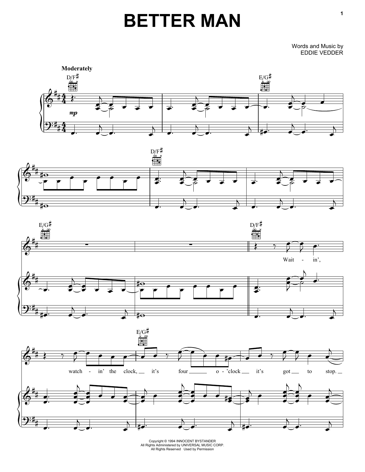 Download Pearl Jam Better Man Sheet Music and learn how to play Ukulele PDF digital score in minutes