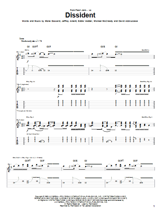 Download Pearl Jam Dissident Sheet Music and learn how to play Guitar Tab PDF digital score in minutes