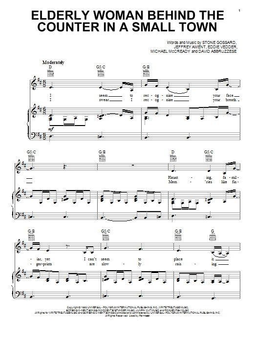 Download Pearl Jam Elderly Woman Behind The Counter In A Small Town Sheet Music and learn how to play Lyrics & Chords PDF digital score in minutes