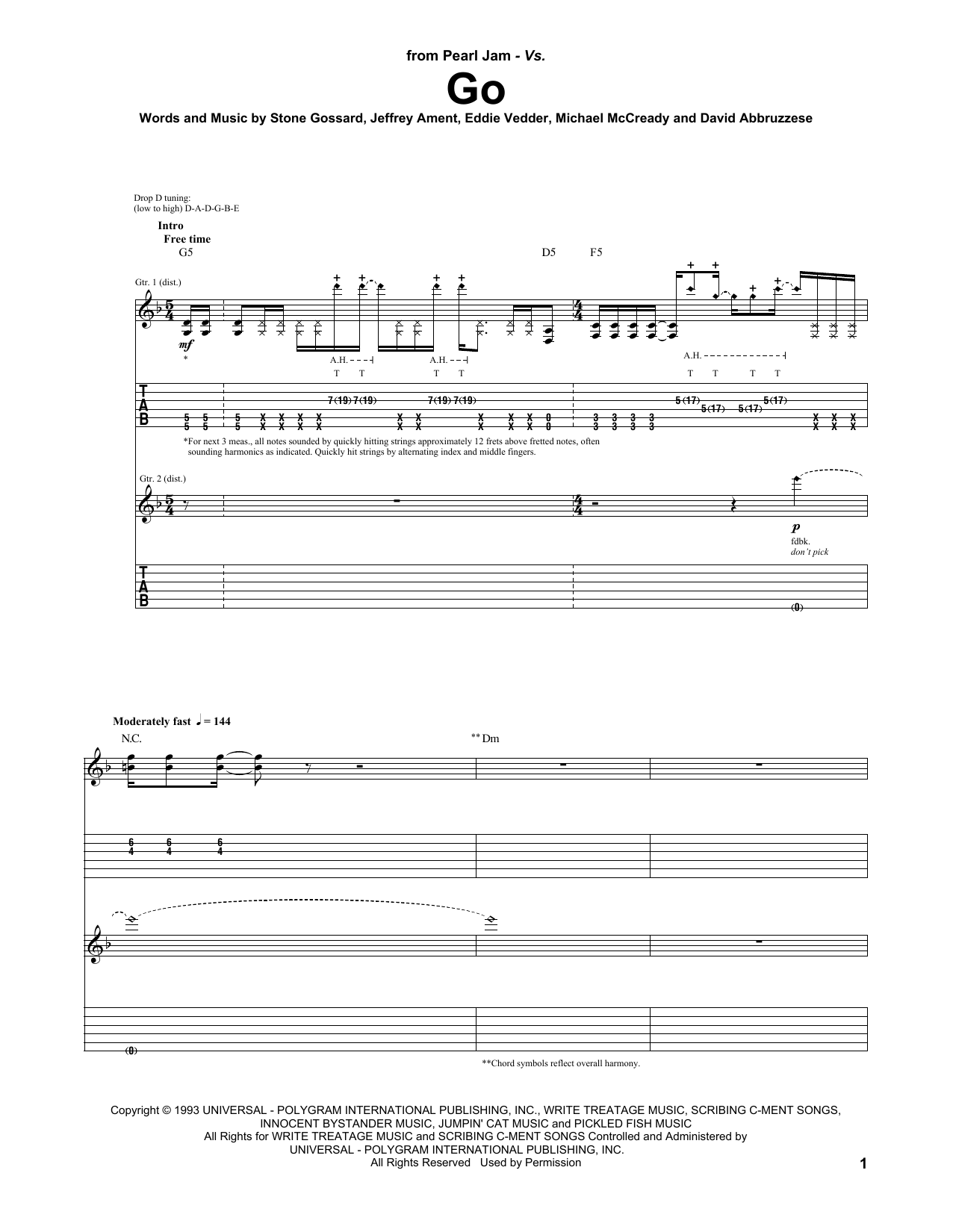 Download Pearl Jam Go Sheet Music and learn how to play Guitar Tab PDF digital score in minutes