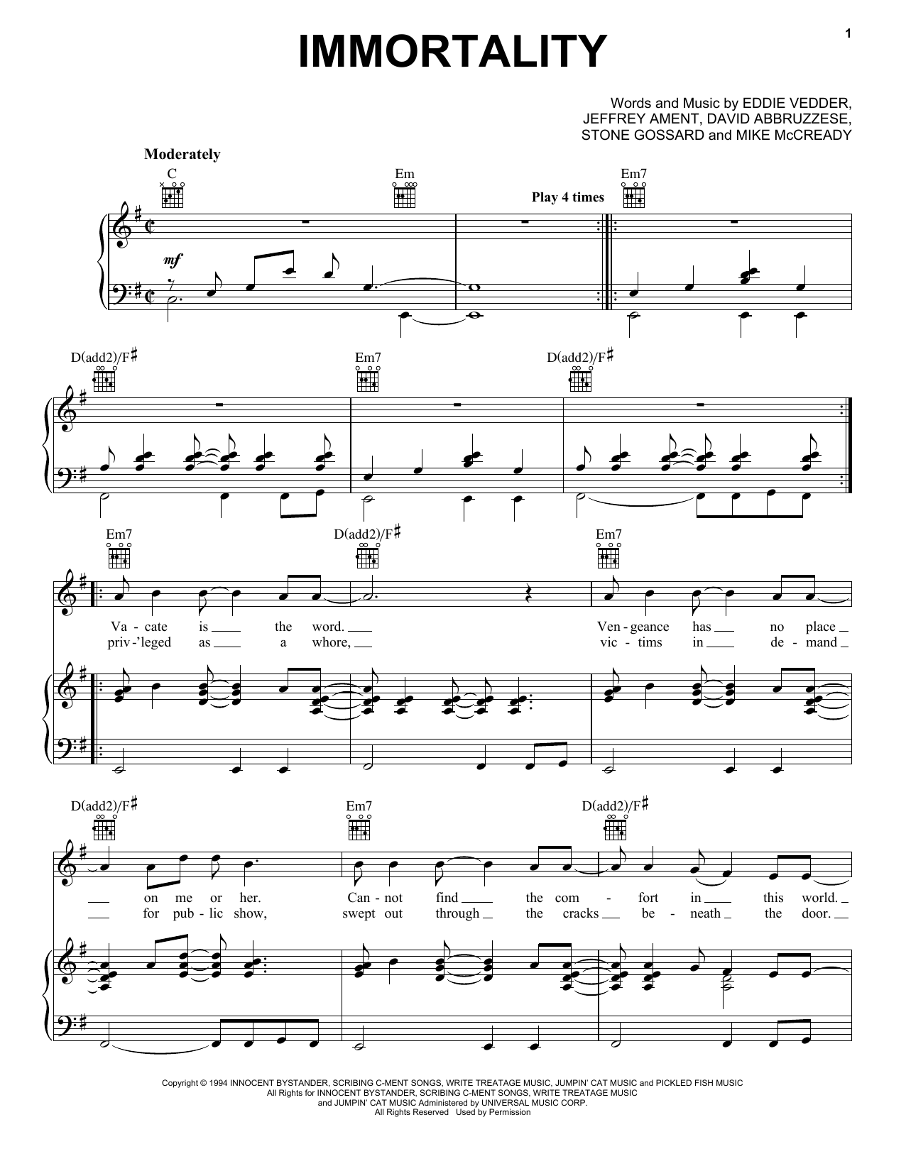 Download Pearl Jam Immortality Sheet Music and learn how to play Piano, Vocal & Guitar (Right-Hand Melody) PDF digital score in minutes