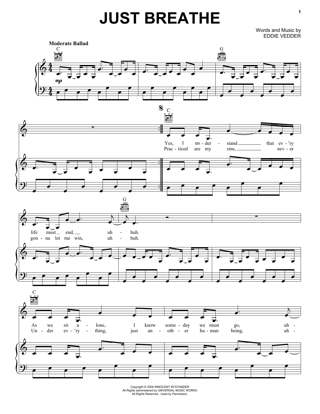 Download Pearl Jam Just Breathe Sheet Music and learn how to play Piano, Vocal & Guitar (Right-Hand Melody) PDF digital score in minutes