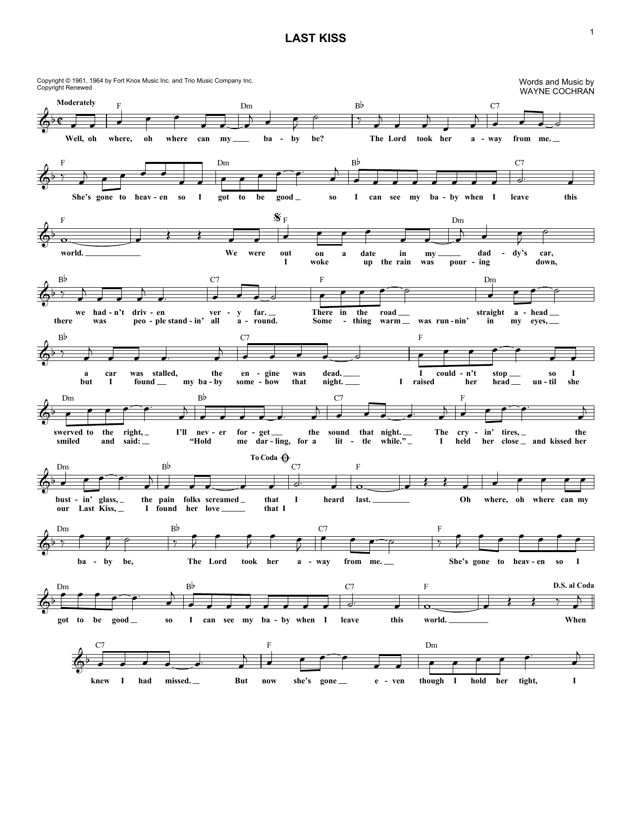 Download Pearl Jam Last Kiss Sheet Music and learn how to play Melody Line, Lyrics & Chords PDF digital score in minutes
