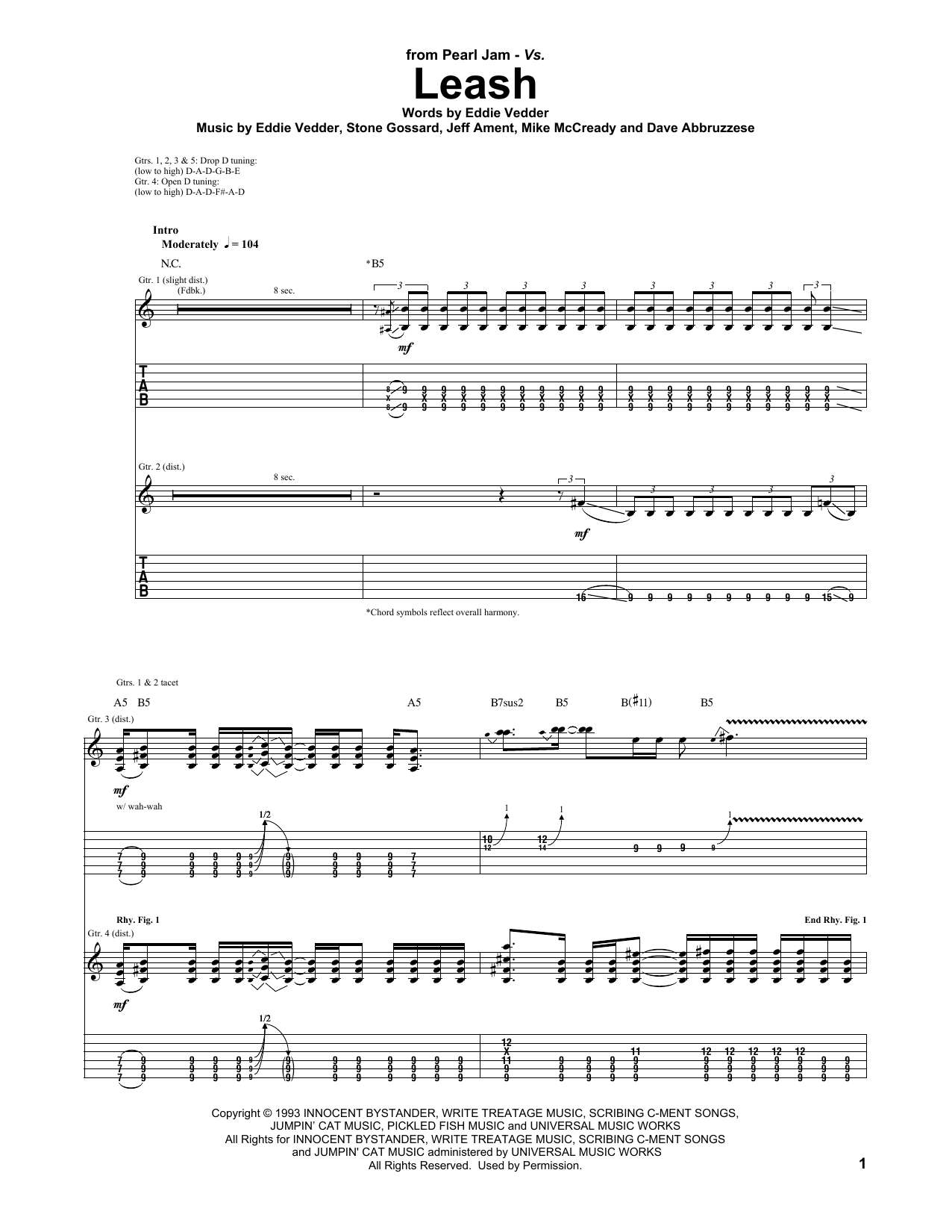 Download Pearl Jam Leash Sheet Music and learn how to play Guitar Tab PDF digital score in minutes