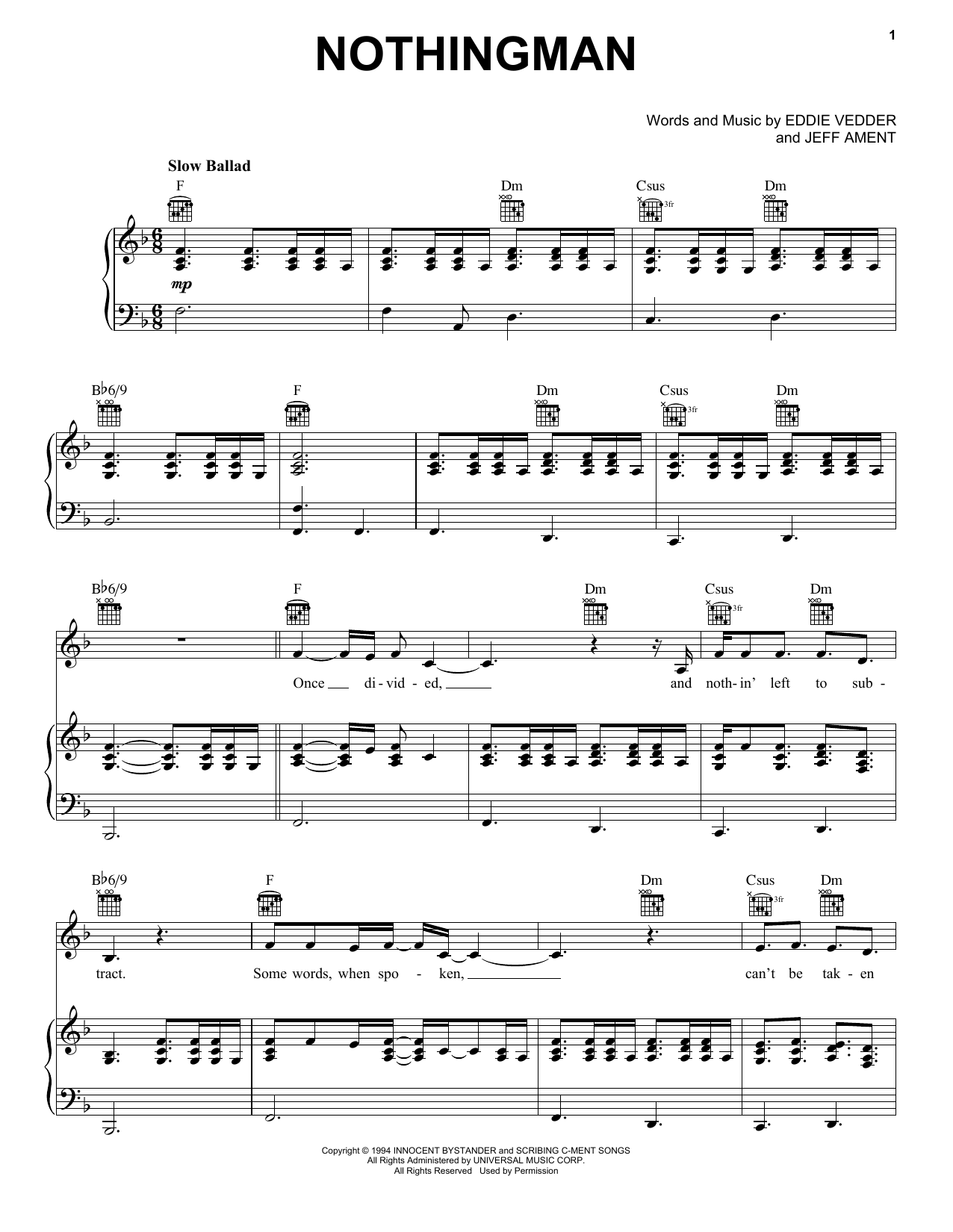 Download Pearl Jam Nothingman Sheet Music and learn how to play Piano, Vocal & Guitar (Right-Hand Melody) PDF digital score in minutes