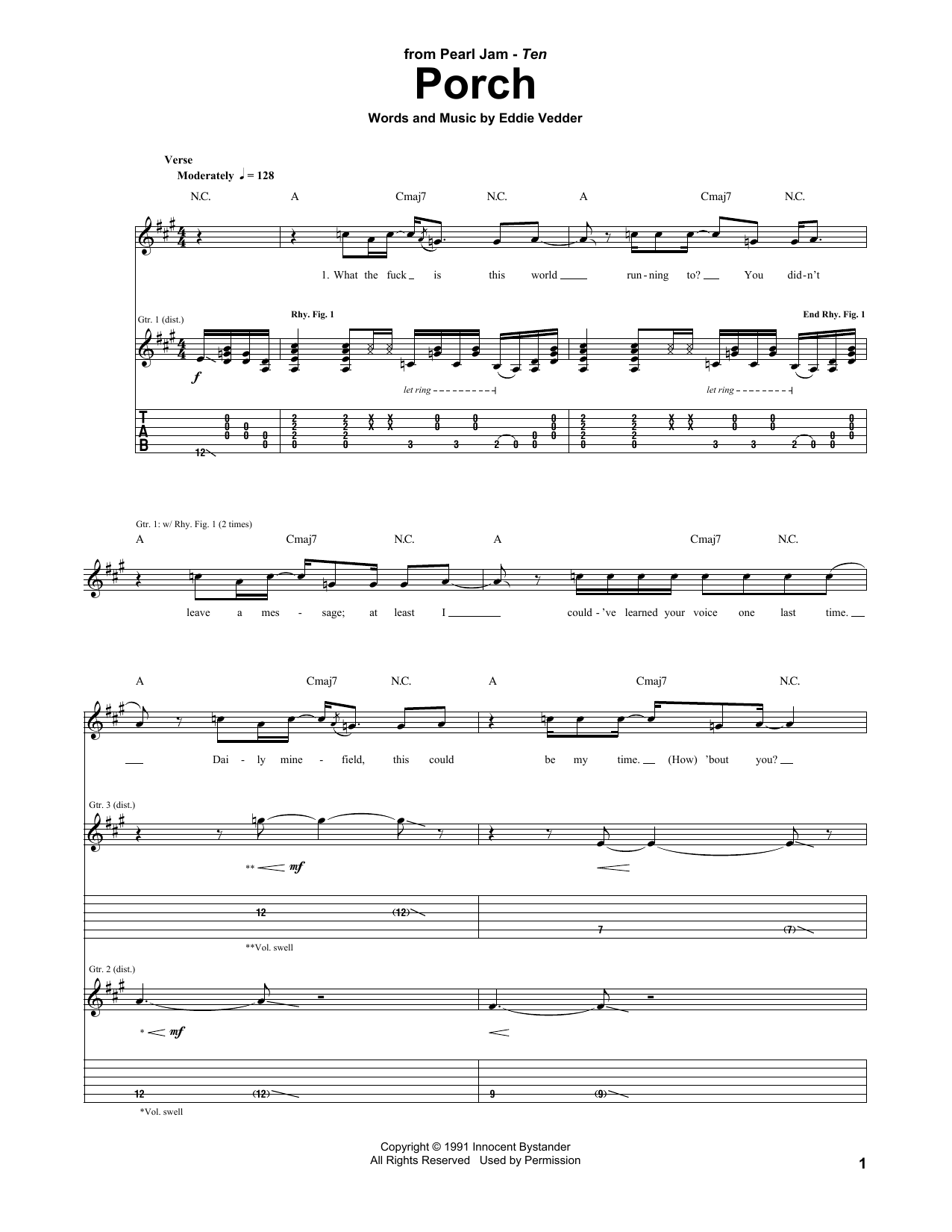 Download Pearl Jam Porch Sheet Music and learn how to play Guitar Tab PDF digital score in minutes